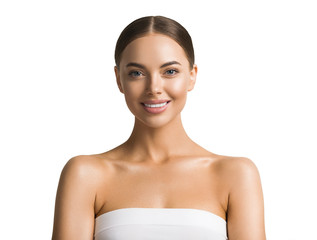 Beautiful smile female healthy teeth natural make up isolated on white beay woman