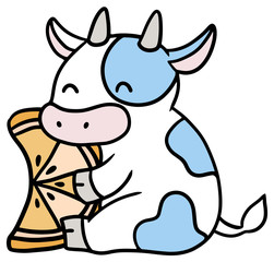 オレンジを持った笑顔の牛のイラスト