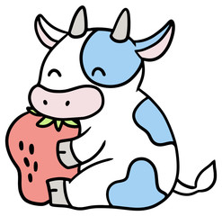 いちごを持った笑顔の牛のイラスト