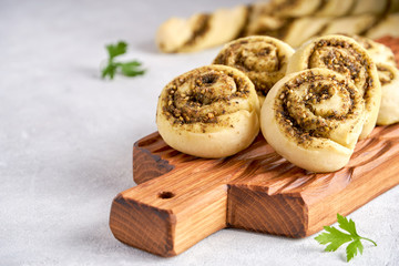 Freshly baked  homemade  swirls and straws with zaatar  . Close up  