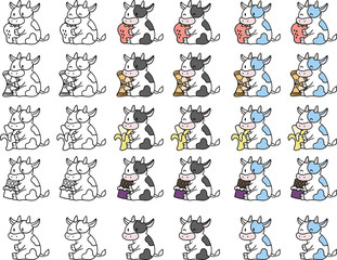 食べ物を持った牛のイラストセット