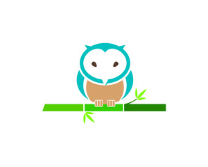 flat style owl sitting on green bamboo branch stick with leaves