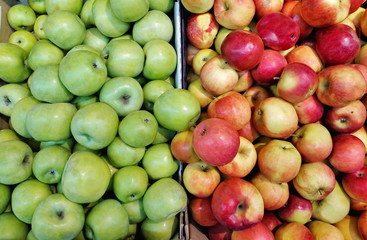apples of different varieties in a box on shelves in a supermarket