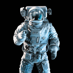 Pointing at you astronaut / 3D illustration of dramatically lit astronaut pointing index finger on black background - obrazy, fototapety, plakaty