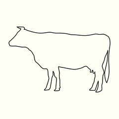 Domestic cow simple lines web silhouette isolated on white background. Logo and symbol of a cow. Image for dairy industry, agriculture.
