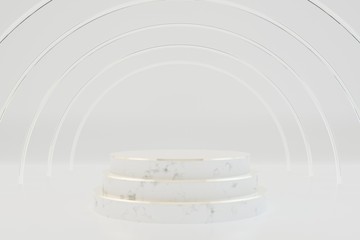 3d rendered abstract background. White marble podium with golden steps and golden rings behind on white background.
