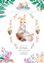 Cute watercolor Bunny birthday greeting cards, posters for baby room, baby shower, invite, kids. Hand drawn nursery illustration. Funny animal