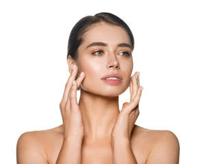 Woman face hand touching massage natural healthy skin