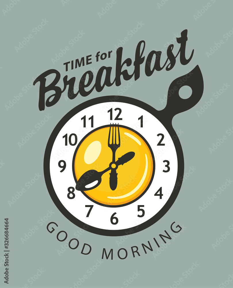 Poster vector banner on the theme of breakfast time in retro style. illustration with a clock in the form o