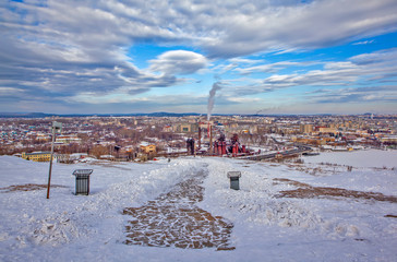 View of the plant to them. Kuibyshev and the historic city center with Lysa (Fox) mountains. Nizhny Tagil. Sverdlovsk region. Russia