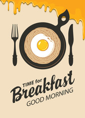 Vector banner with inscription time to Breakfast. Flat illustration with appetizing pasta and fried eggs in a black frying pan with fork and knife in retro style. Morning banner or menu