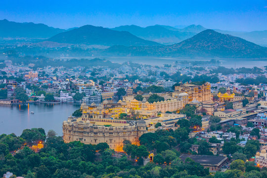 Aerial view of City Palace at night. Udaipur, Rajasthan, India