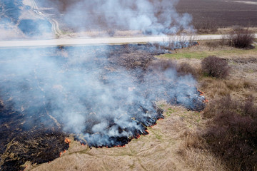 Top view of field fire. Dry reed burns, natural disaster