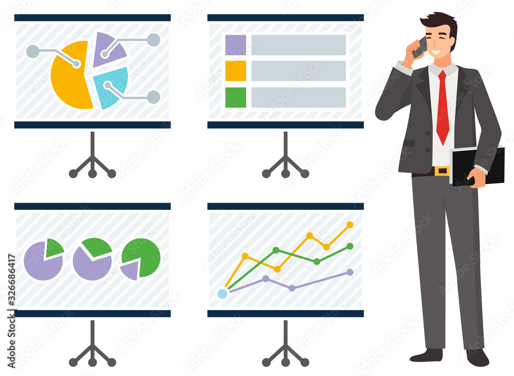 Poster man talking on phone vector, male with smartphone and whiteboards with charts. business data and inf