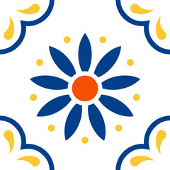 Mexican talavera tile pattern. Ornament in traditional style from Puebla on white background. Floral ceramic composition with flower, dot and leaves. Folk art design from Mexico.