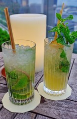 A glass of mojito with dried lime and fresh mint