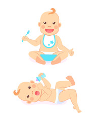 Newborn baby of four or five months lying on back with bottle of milk and infant milestones from 6 to 12 eating itself with spoon and bowl vector isolated