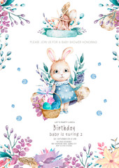 Cute watercolor Bunny birthday greeting cards, posters for baby room, baby shower, invite, kids. Hand drawn nursery illustration. Funny animal