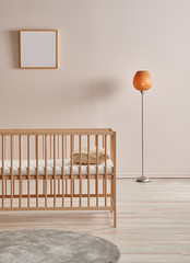 Baby bed room wooden furniture bed and lamp concept.