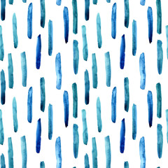 Seamless hand-drawn blue stripes splashes pattern, watercolor illustration. Fabric wallpaper print texture.