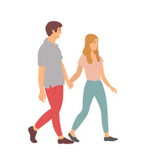 Fototapeta premium Teenagers holding hands isolated cartoon people walking together. Vector boy and girl side view, animated male and female characters in flat style