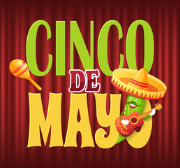 Cinco de Mayo vector, cucumber wearing traditional sombrero hat, guitarist character and maracas. Celebration of mexican holiday greeting flat style