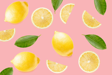 pattern with lemon slices and leaves on a light pink background