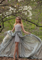 Fototapeta premium young beautiful blonde in a silver dress with a train in the spring garden, where white magnolia blooms