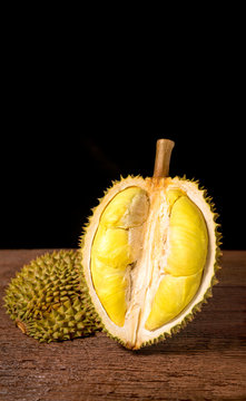 Durian the King of fruits, Durian fruit  on wooden background.durian fruit with delicious golden yellow soft flesh