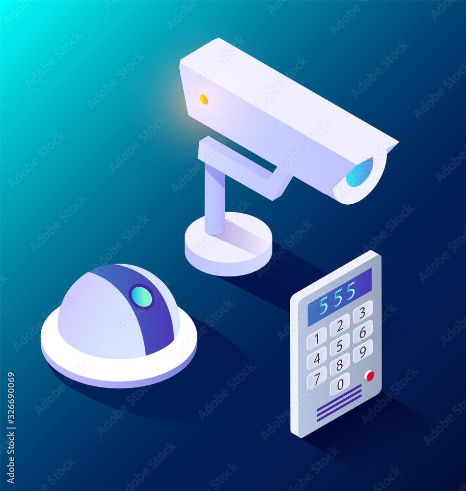 Aufkleber surveillance camera and intercom 3d smart home equipment isolated blue. wireless device video and ke