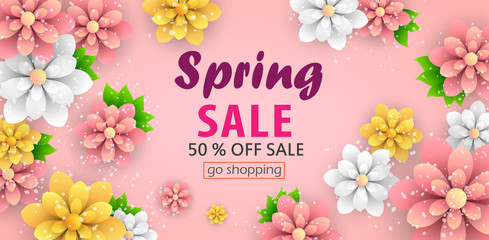 Fototapeta na wymiar Beautiful abstract spring sale banner. Voucher discount with beautiful flowers. Vector design for shop poster, leaflet or web banner. Eps 10