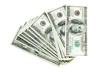 A stack of green 100 dollar bills on a white background isolated photo
