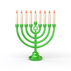 Green Hanukkah Menorah with candles 3d illustration
