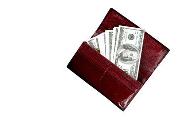 Cash savings dollars in a red wallet