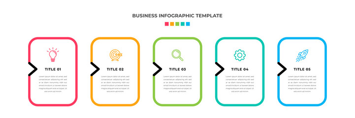 Modern Minimalist Business Infographic template square shape. 5 steps / option timeline with icons. For presentation, process, diagram, workflow, chart. Vector with red, blue, green, orange color