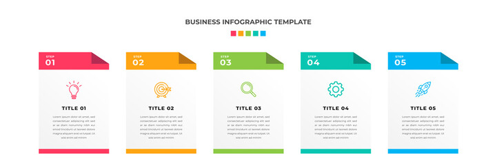 Modern Minimalist Business Infographic template square shape. 5 steps / option timeline with icons. For presentation, process, diagram, workflow, chart. Vector with red, blue, green, orange color