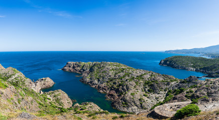 Fototapeta na wymiar Seascape, mediterranean coastline, cliffs and bay, Cap de Creus - cape in Cadaques, Girona, Costa Brava, Catalonia, Spain.