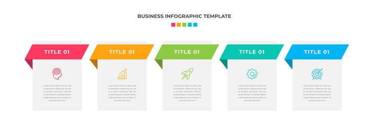 Modern Minimalist Business Infographic template square shape. 5 steps / option timeline with icons. For presentation, process, diagram, workflow, chart. Vector with red, blue, green, orange color