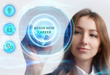 Business, Technology, Internet and network concept. Young businessman working on a virtual screen of the future and sees the inscription: begin new career