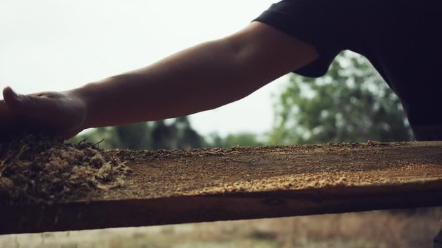 4k slow motion Shoot.Professional Carpenter working on woodworking machines in a workshop of wood factory. Entrepreneur small business owner working in the workspace.