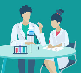 Scientist conducting researches in laboratory. Isolated man and woman wearing gown, male dropping substance into container. Chemical lesson in lab. Medical experiment, vector in isometric style
