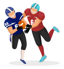 Two footballers from different teams play in american football on stadium. Player try to intercept ball from opponent. People isolated on white background. Vector illustration of match in flat style