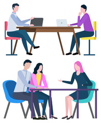 Fototapeta premium Professional consultation, broker collaboration. Workers man and woman working with laptop and discussing, workplace and employee, partnership vector