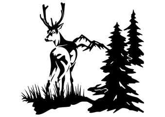 wild deer with big horns, black and white vector silhouette