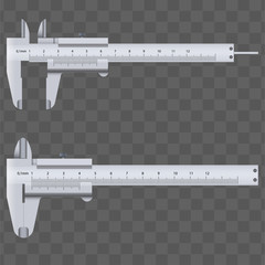 Set of Vernier caliper and scale. Measuring tool and wquipment. Editable Vector Illustration isolated on transparent background.