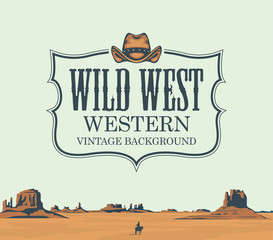 Vector banner on the theme of the Wild West with cowboy hat and emblem. Decorative landscape with American prairies and a silhouette of a cowboy on a horse. A lone rider in the desert.