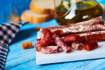 fuet and chorizo, spanish cured sausages.
