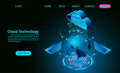 World cloud technology concept. online computing technology. big data flow processing concept on map. isometric flat design vector illustration