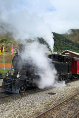Fototapeta na wymiar Furka Dampflokomotive am Bahnhof in Realp (Schweiz)