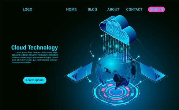 World cloud technology concept. online computing technology. big data flow processing concept on map. isometric flat design vector illustration